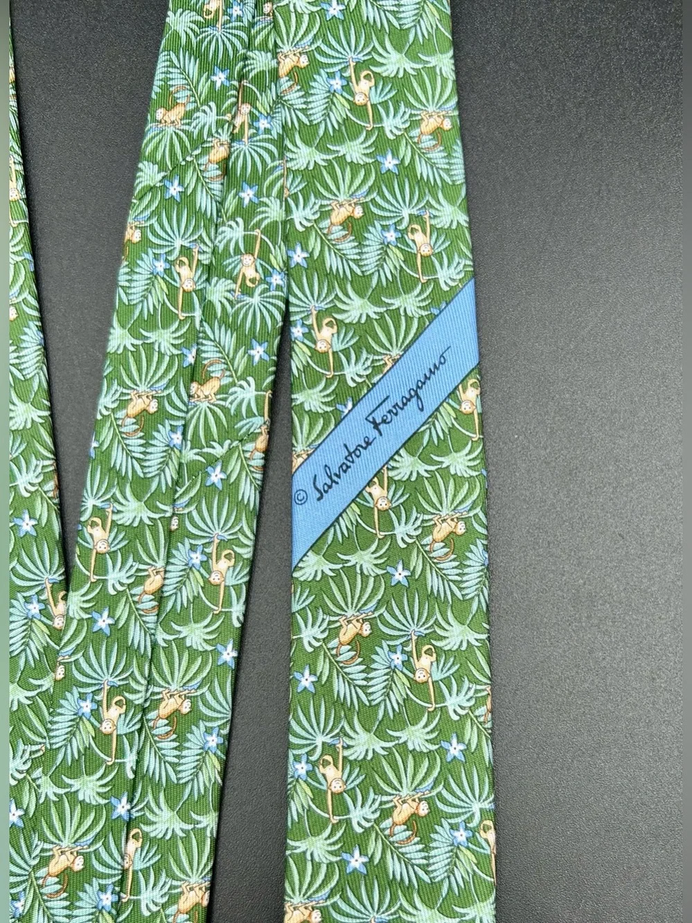 SALVATORE FERRAGAMO Silk Neck Tie - Tropical Jungle Leaf and Monkey motif.